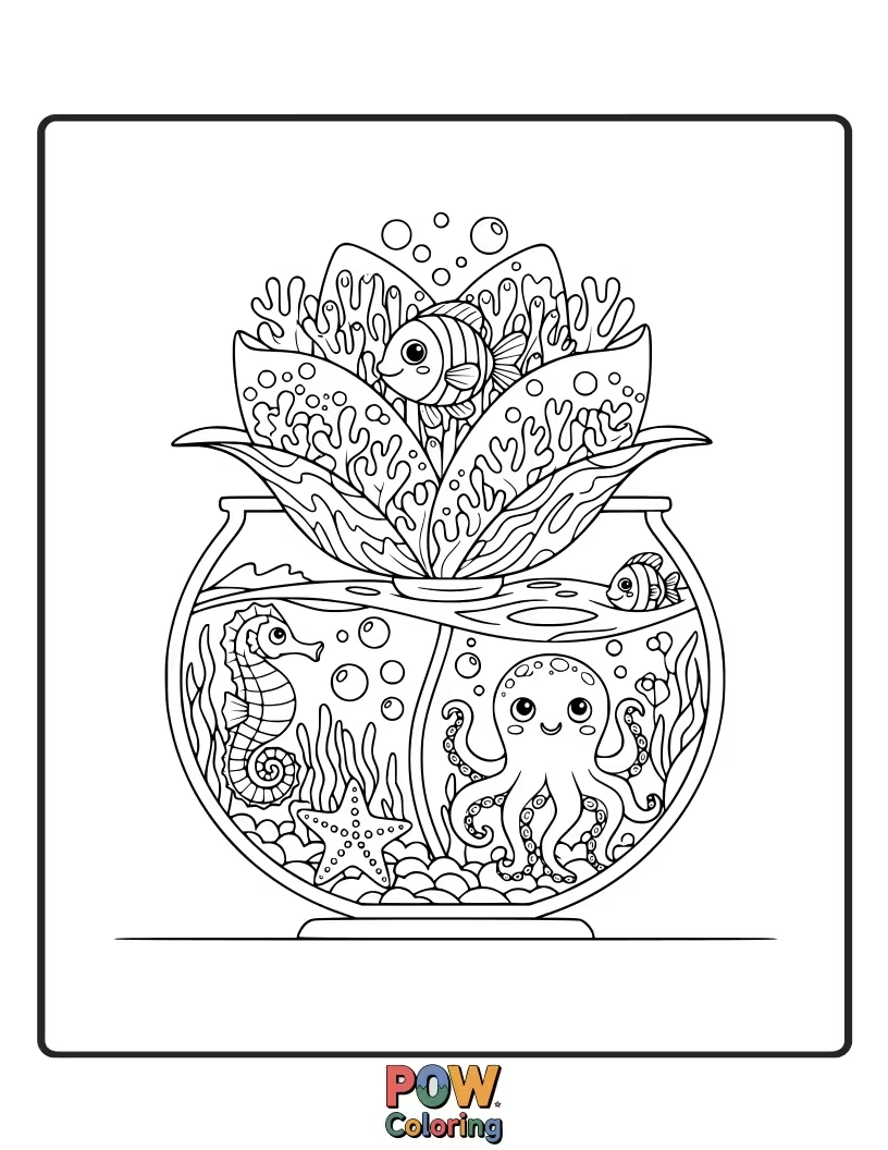Free coloring page of Whimsical fish swim through a garden of glowing underwater flowers. A magical, vibrant scene for coloring joy.