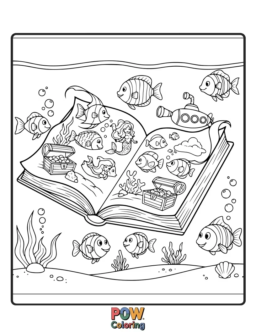 Free coloring page of Fish swim amongst floating, open books filled with underwater stories. Spark your imagination with this literary aquarium.