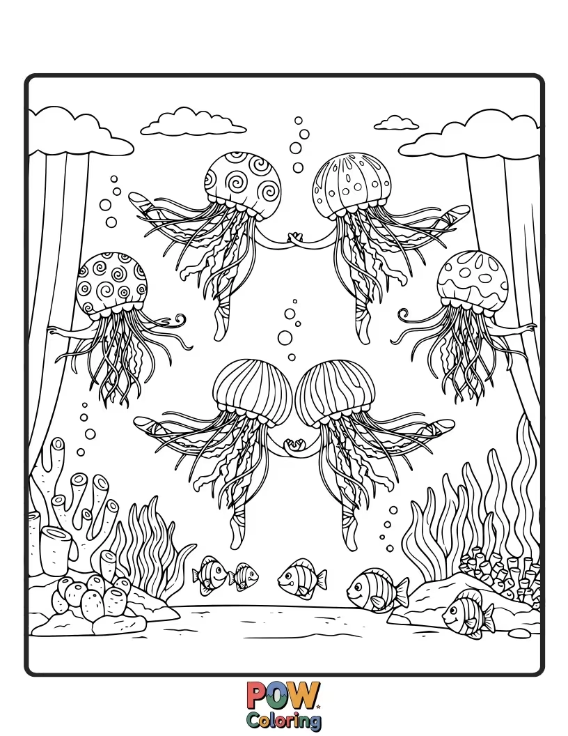 Free coloring page of Ethereal jellyfish gracefully dance like ballerinas in a tranquil aquarium. Capture their delicate beauty with soft, flowing colors.