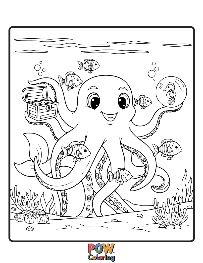 Free coloring page of A gentle, smiling kraken offers flowers to tiny fish in a whimsical aquarium. A sweet encounter in the deep blue.