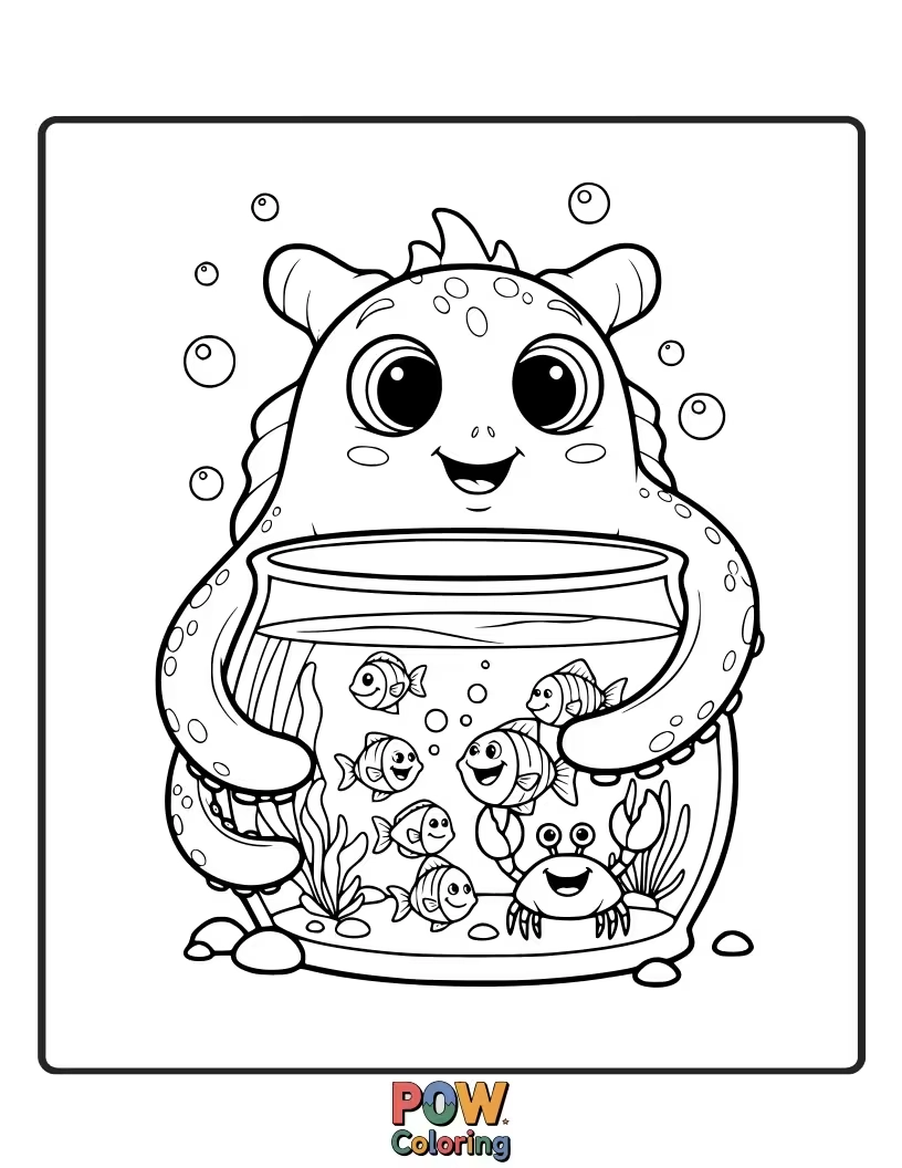 Free coloring page of A large, cuddly sea monster gives a gentle hug to tiny, happy fish. A heartwarming underwater friendship.