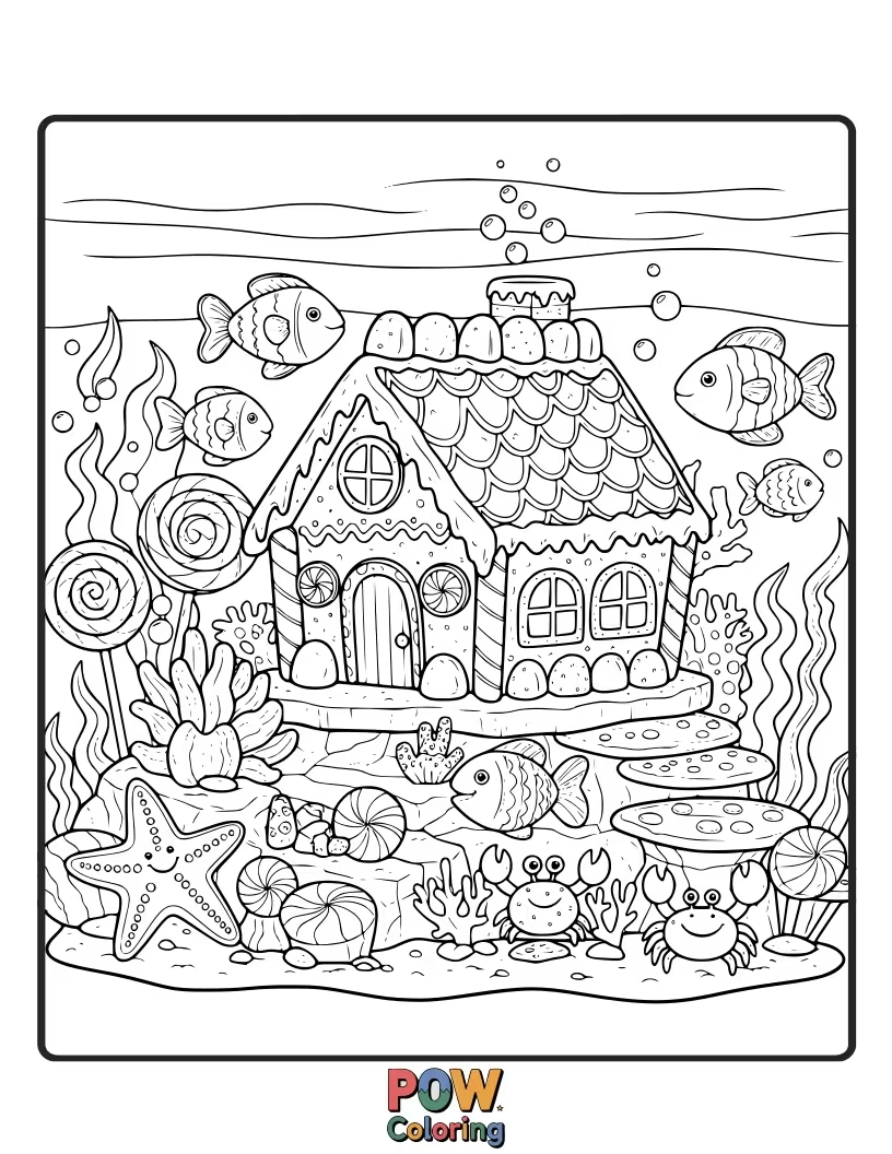 Free coloring page of A charming reef built entirely of gingerbread and candy. Dive into this sweet, edible-looking underwater paradise.