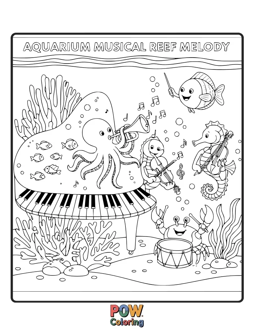 Free coloring page of Musical notes drift around happy fish playing tiny instruments. Create a vibrant symphony of color in this lively aquarium.