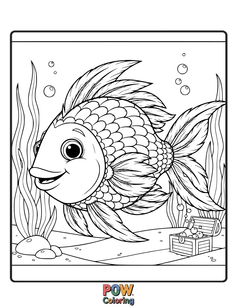 Free coloring page of Fish with beautiful, flowing rainbow feathers swim through vibrant seaweed. Imagine their majestic flight underwater.