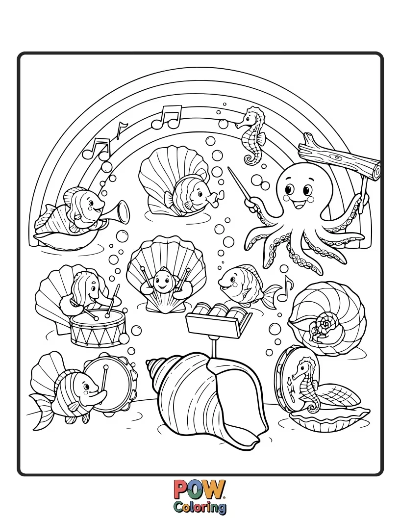 Free coloring page of Fish play amongst giant, colorful seashells that hum with musical vibrations. A vibrant, auditory experience to color.