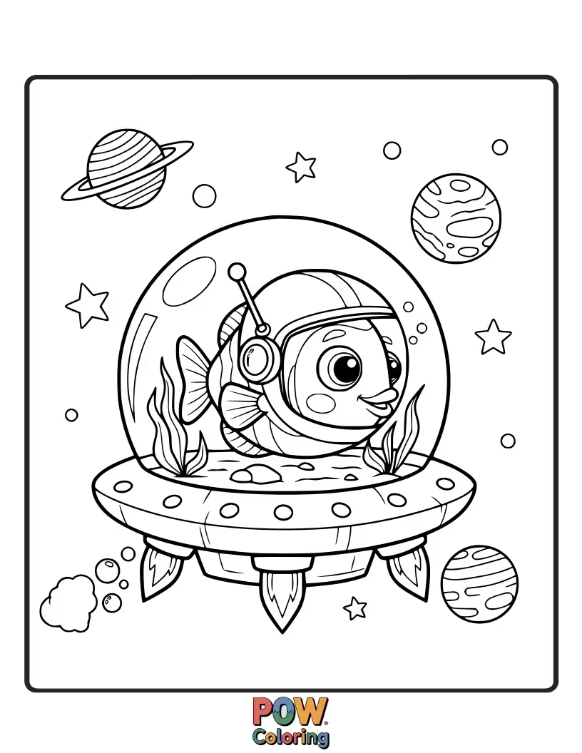 Free coloring page of Astronaut fish float through a galaxy-themed aquarium with planets and stars. Embark on an intergalactic underwater journey!
