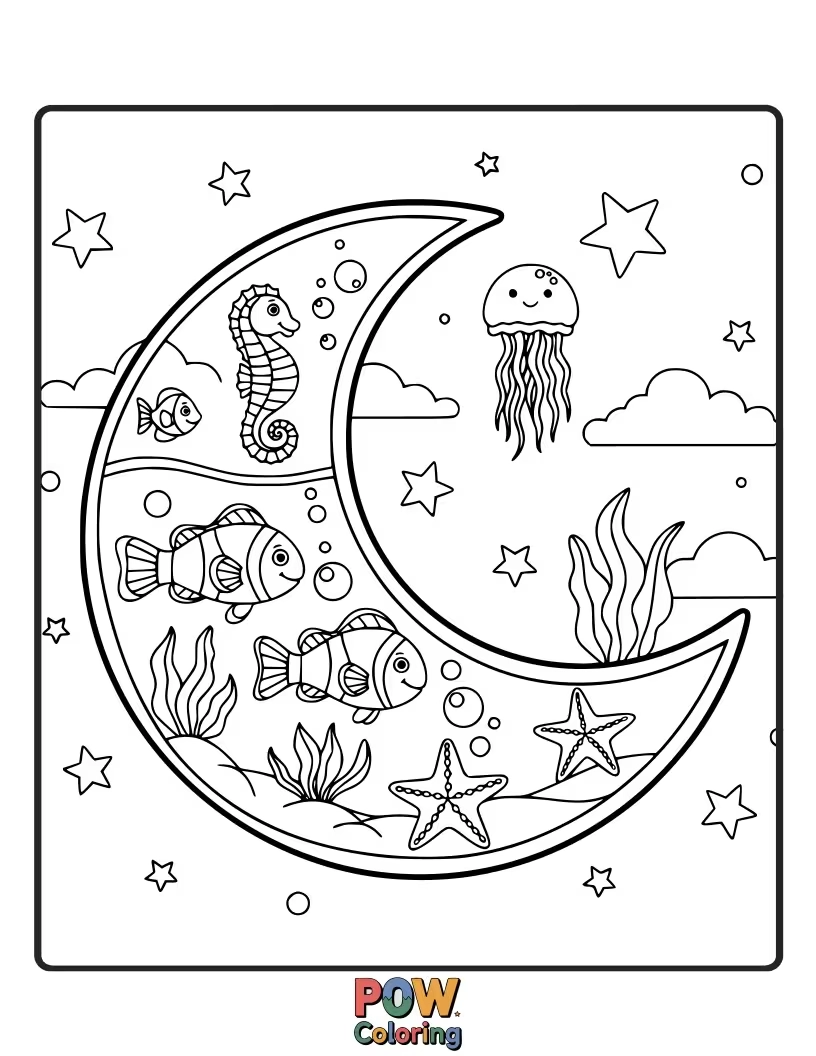 Free coloring page of Fish shaped like stars and moons explore a cosmic aquarium. Paint a celestial underwater adventure with shimmering hues.