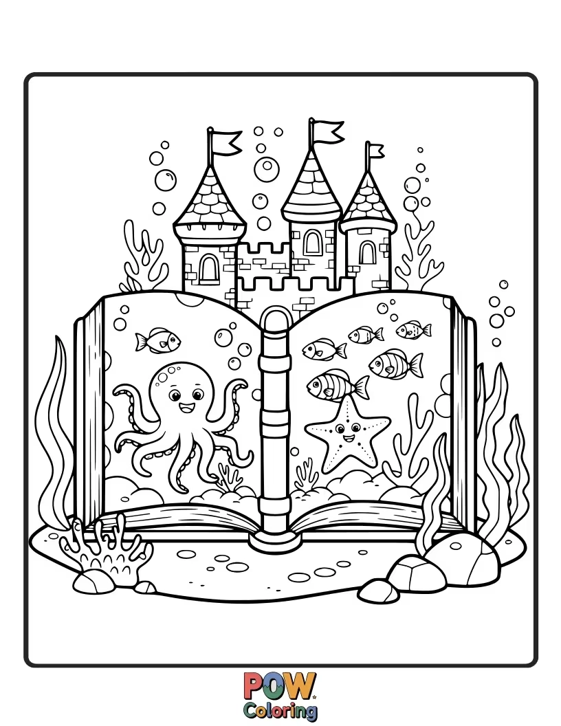 Free coloring page of A fairytale castle rests on the ocean floor, with curious fish peeking from its windows. Imagine magical underwater tales.