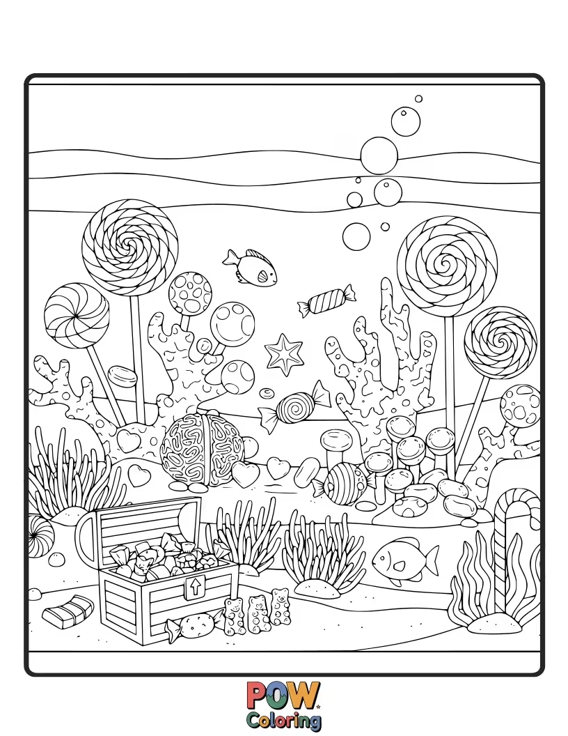 Free coloring page of Fish explore a coral reef made of colorful lollipops and sweets. A delicious and fun underwater world to color.