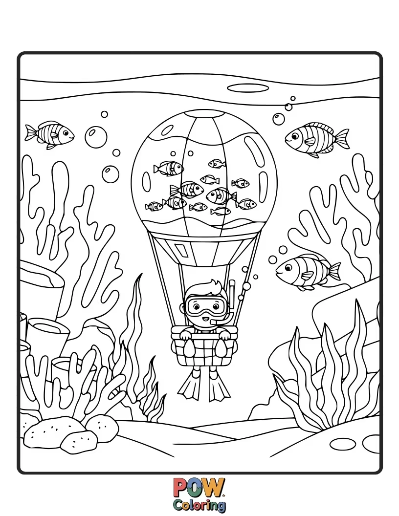 Free coloring page of A miniature hot air balloon floats in an aquarium, carrying a tiny passenger fish. A whimsical aerial adventure below the waves.