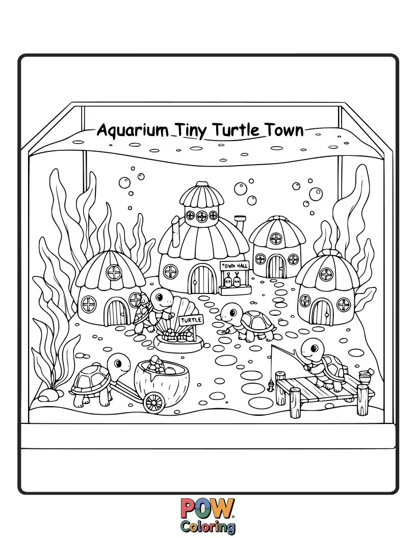 Free coloring page of A bustling community of tiny, adorable turtles navigates a miniature aquarium village. Bring this charming settlement to life!