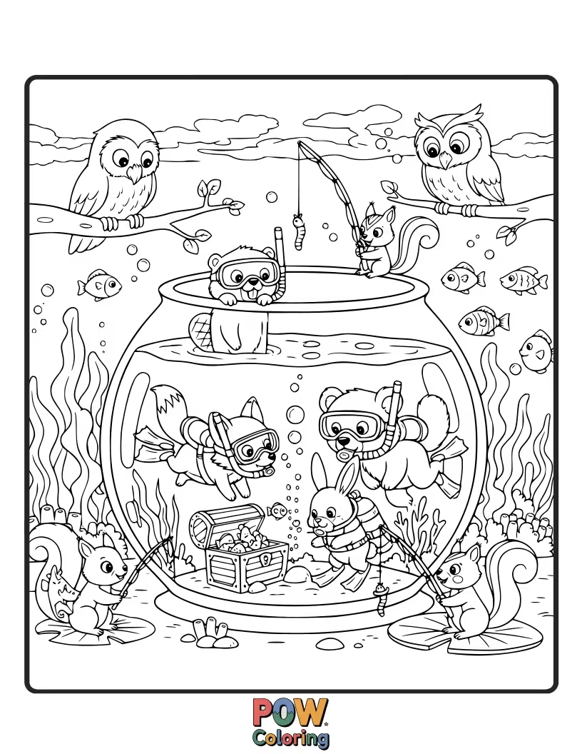 Free coloring page of Forest animals like squirrels and bunnies wear diving gear in a charming aquarium. A playful crossover of nature and sea.