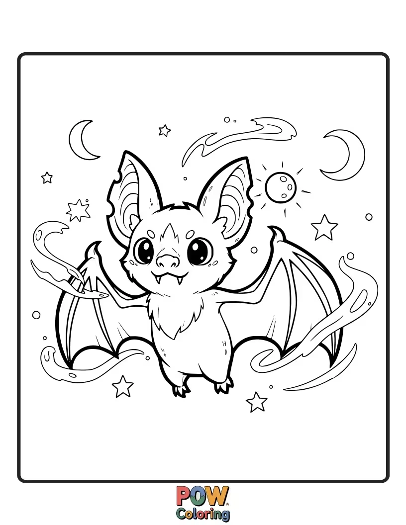 Free coloring page of A friendly bat wearing a tiny wizard hat, ready for adventure.