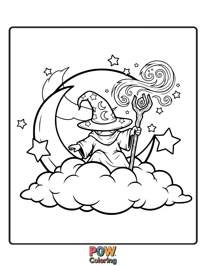Free coloring page of A mischievous cloud shape conjuring lightning bolts and rainbows.