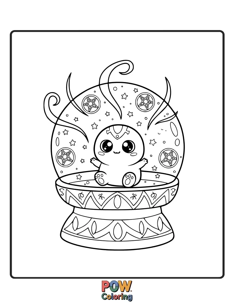 Free coloring page of A playful creature peeking out from inside a crystal ball.