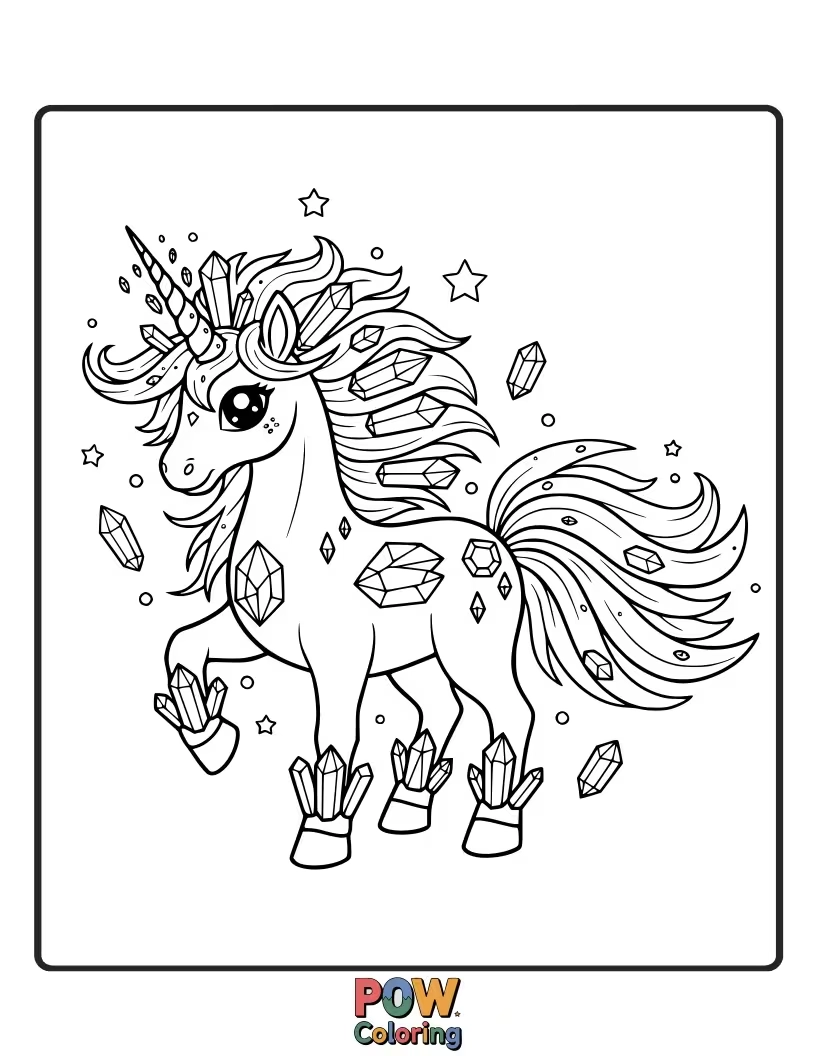Free coloring page of A majestic unicorn made of shimmering, rainbow-colored crystals.