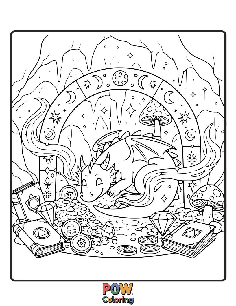Free coloring page of A friendly baby dragon snoozing in a hoard of colorful gems.