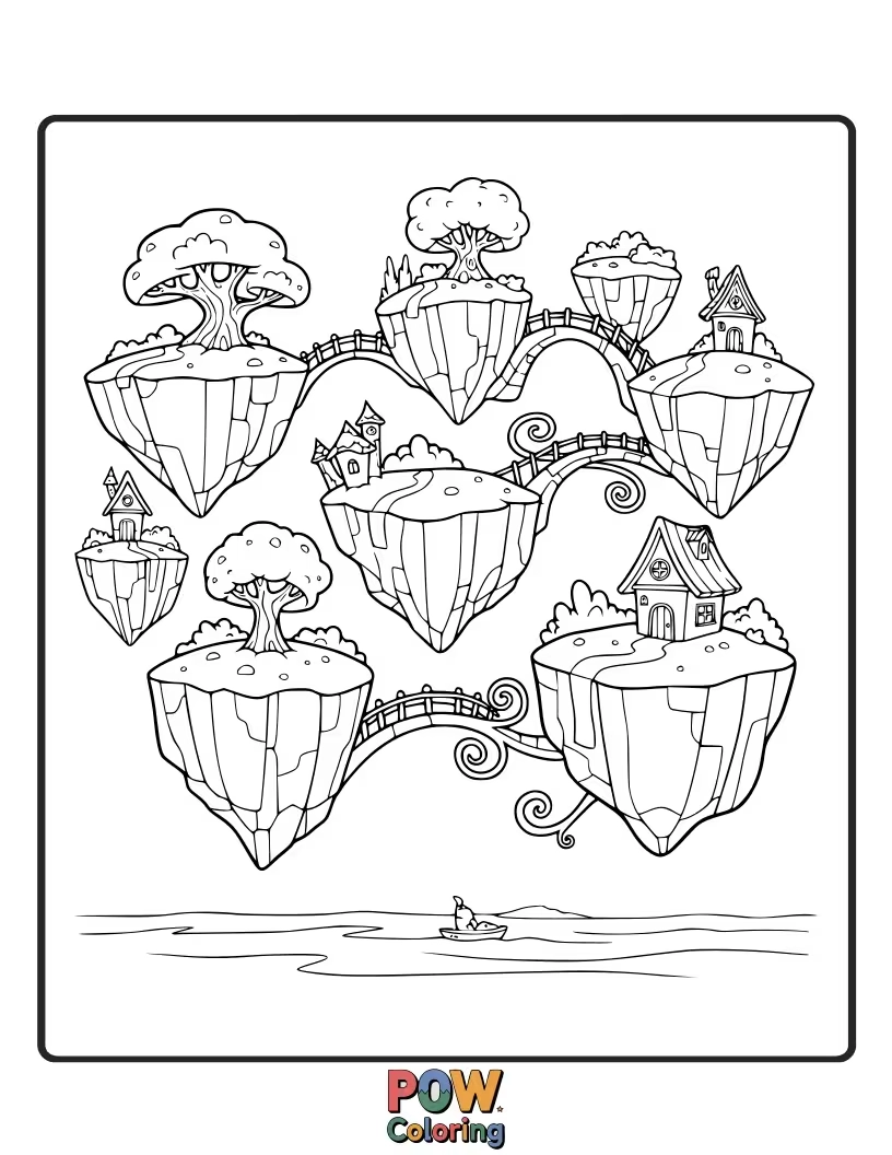 Free coloring page of Tiny, whimsical islands drifting in the sky, connected by light bridges.