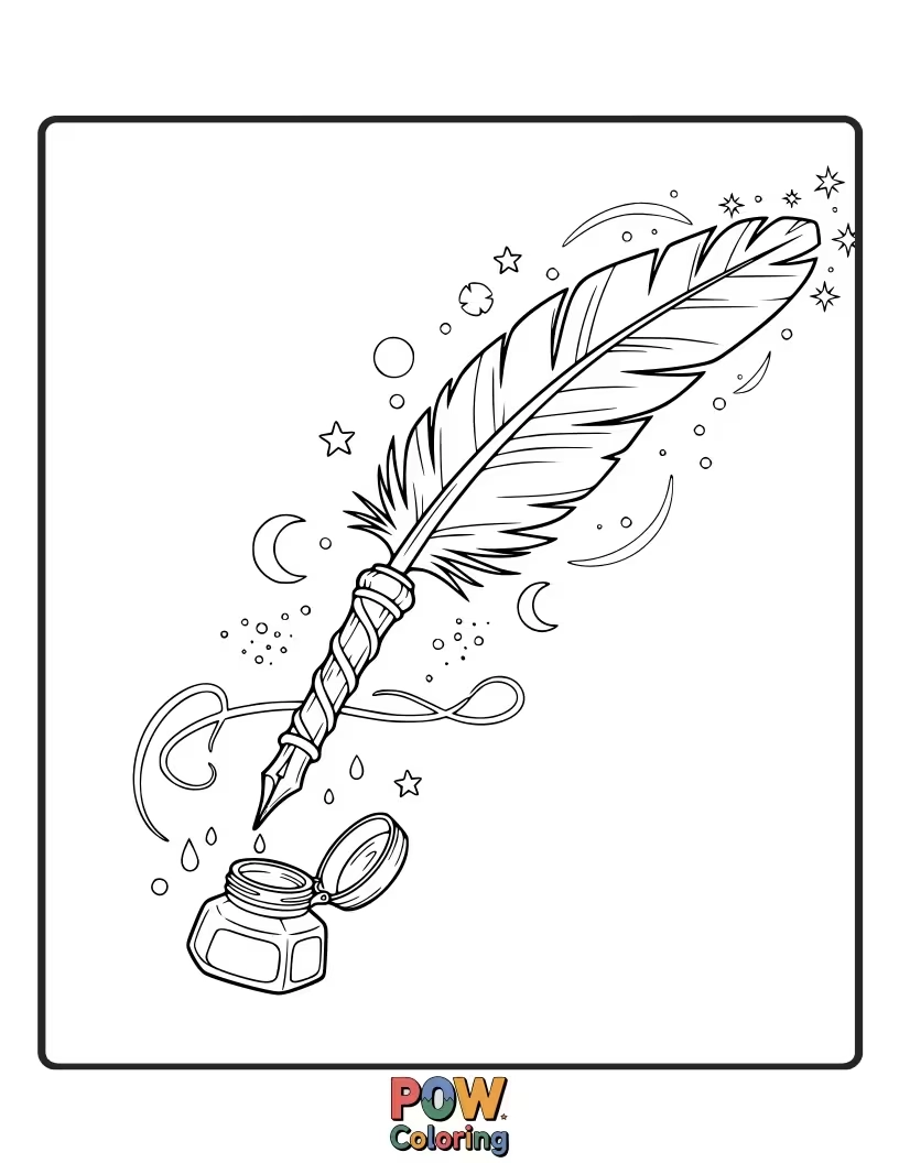 Free coloring page of A magical quill pen writing sparkling, glowing letters in the air.