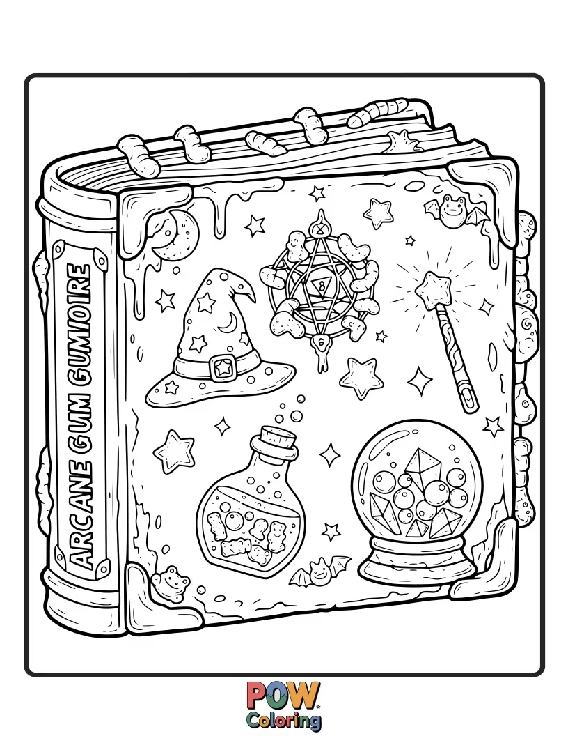 Free coloring page of A sweet spellbook made of colorful gummy candies.