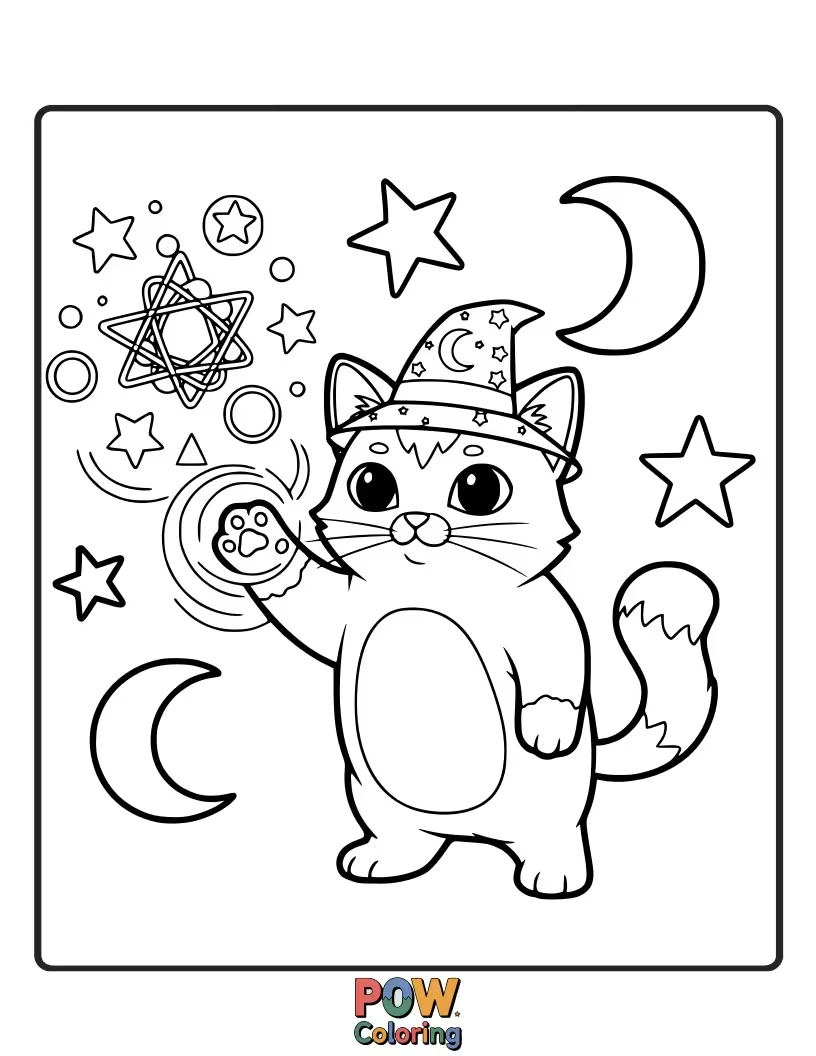 Free coloring page of A fluffy kitten conjuring sparkles with tiny paws.