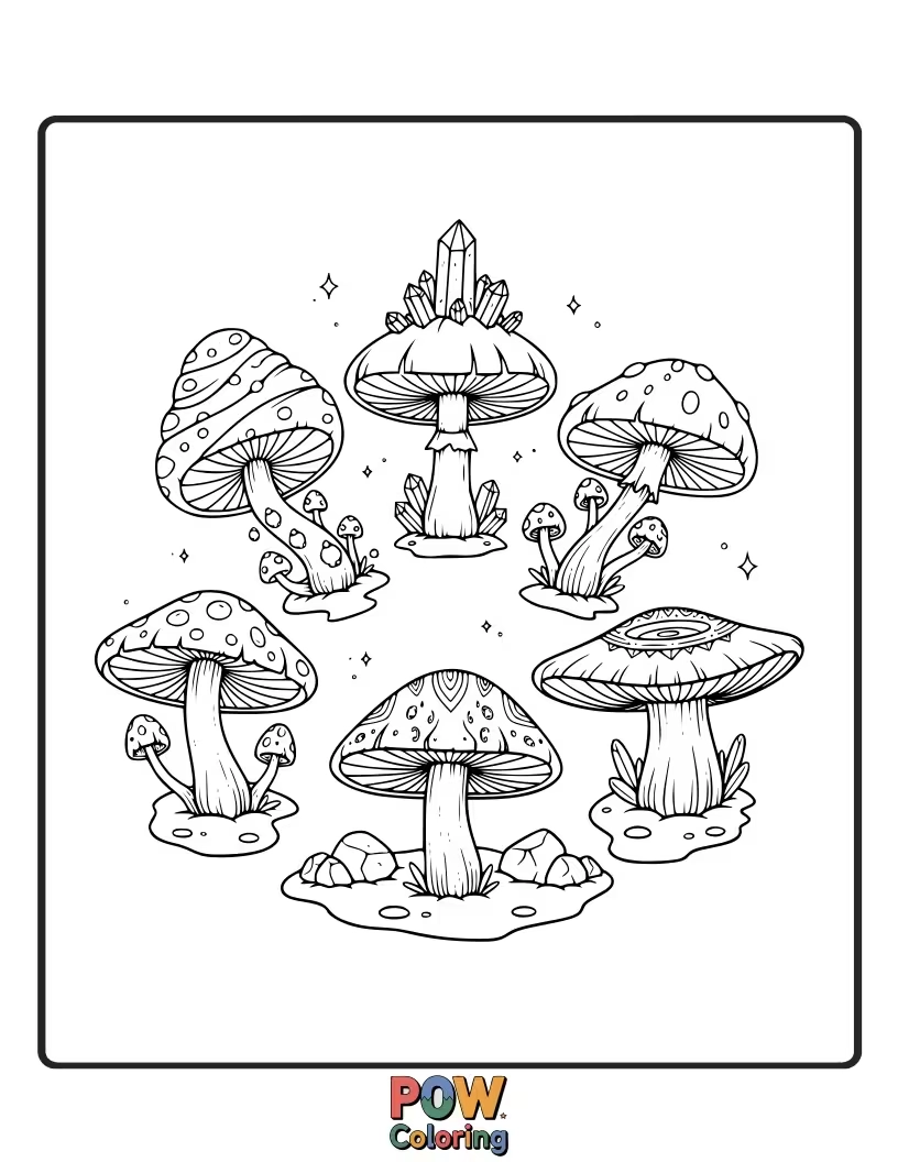Free coloring page of Whimsical mushrooms with tiny arcane runes glowing faintly.