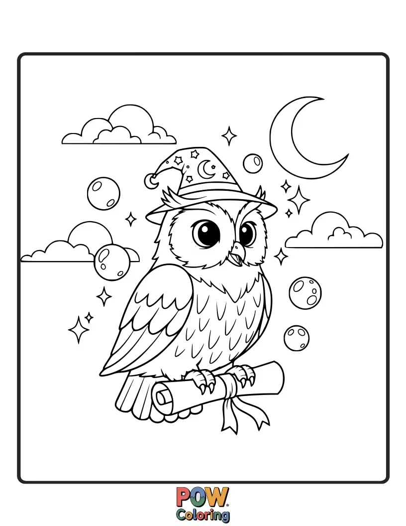 Free coloring page of A swift owl carrying a scroll tied with an arcane symbol.