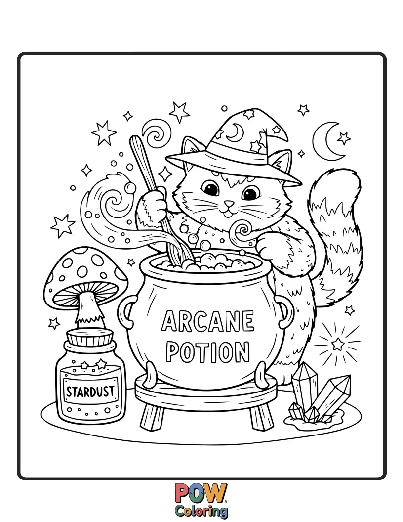 Free coloring page of A cat wearing an apron, stirring a bubbling, colorful potion.
