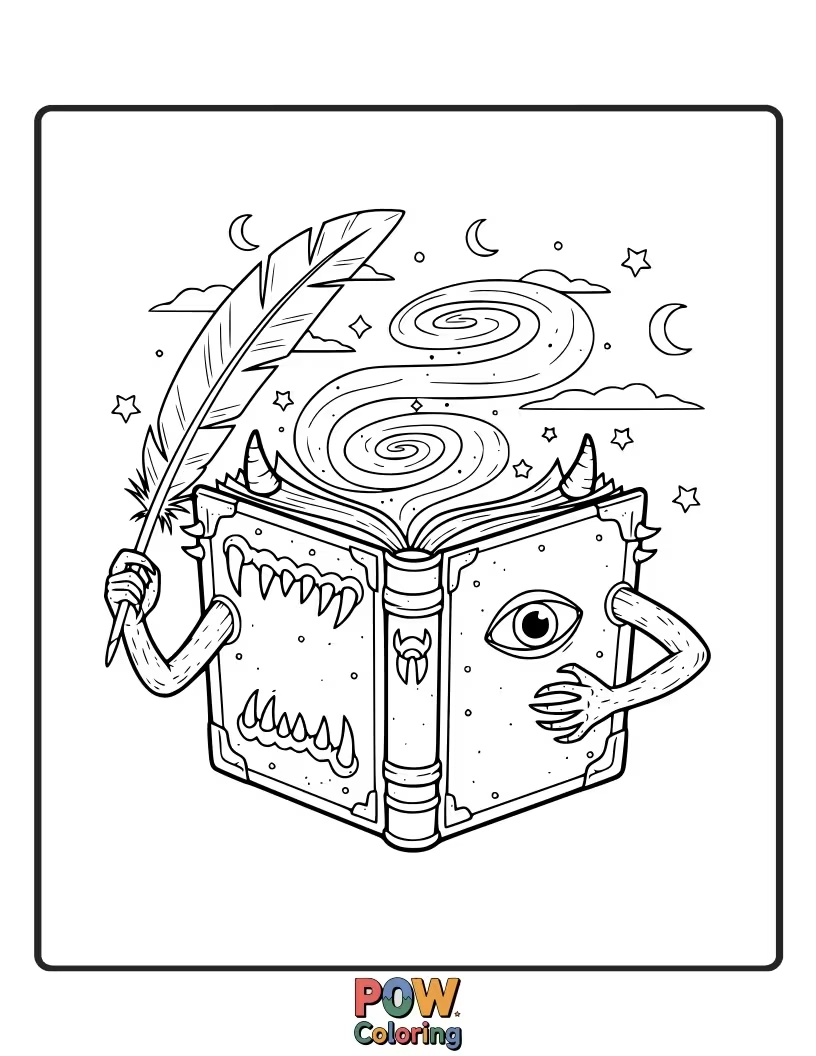 Free coloring page of A goofy monster made entirely of stacked, colorful spellbooks.