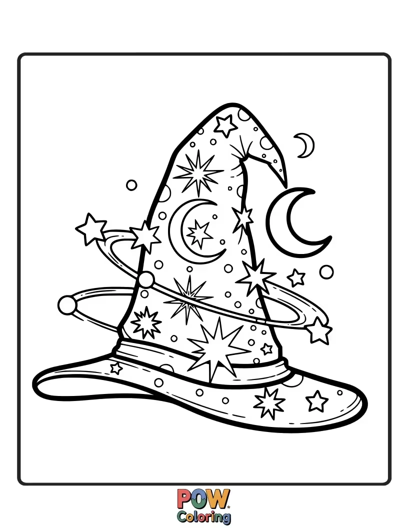 Free coloring page of A wizard's hat adorned with twinkling stars and a sleepy moon.