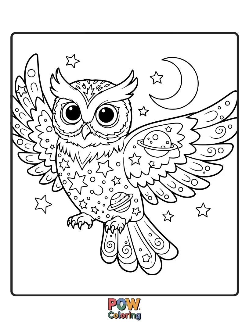 Free coloring page of A wise owl perched on a moon, covered in stars.