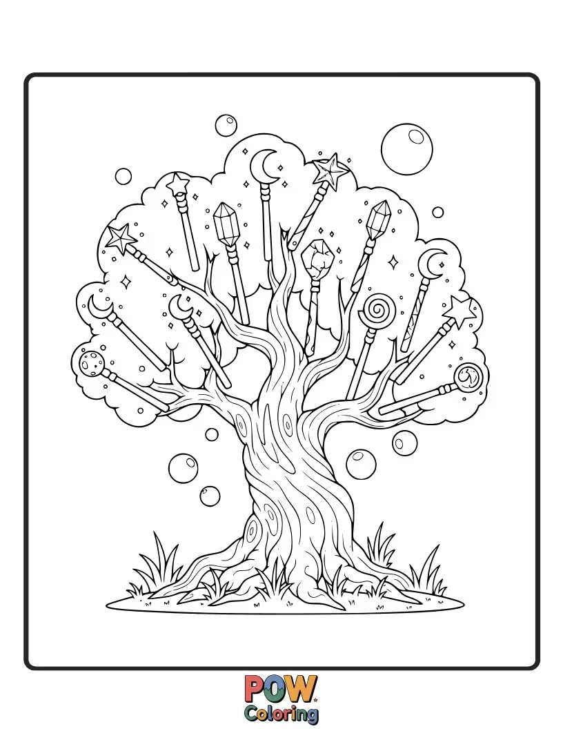 Free coloring page of A tree whose branches grow colorful, magical wands.