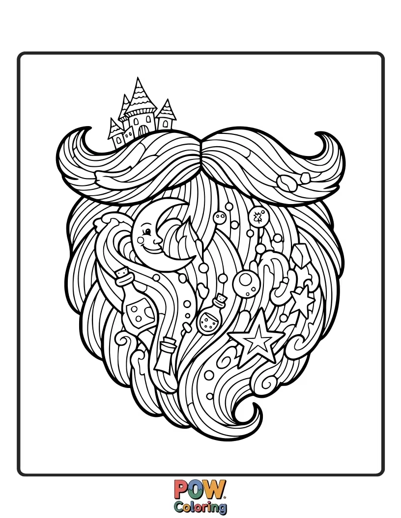 Free coloring page of A long, flowing beard with magical trinkets woven in.