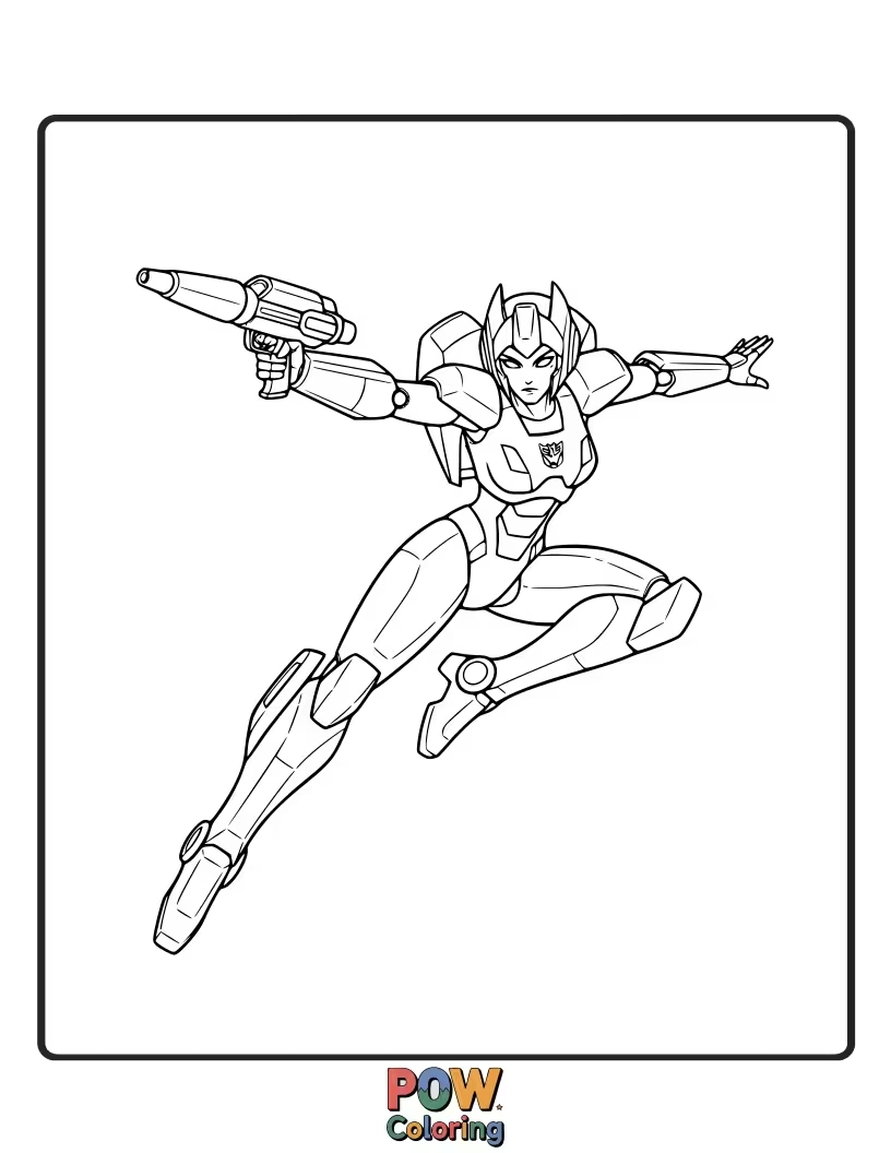 Free coloring page of Arcee, the agile Autobot warrior, in a dynamic combat pose, showcasing her bravery and strength.