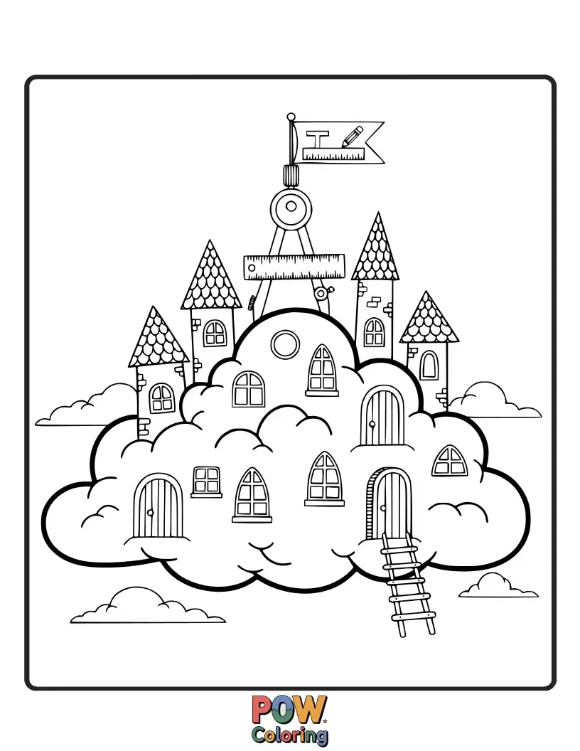 Free coloring page of A majestic castle made of fluffy clouds, complete with rainbow bridges and friendly cloud creatures.