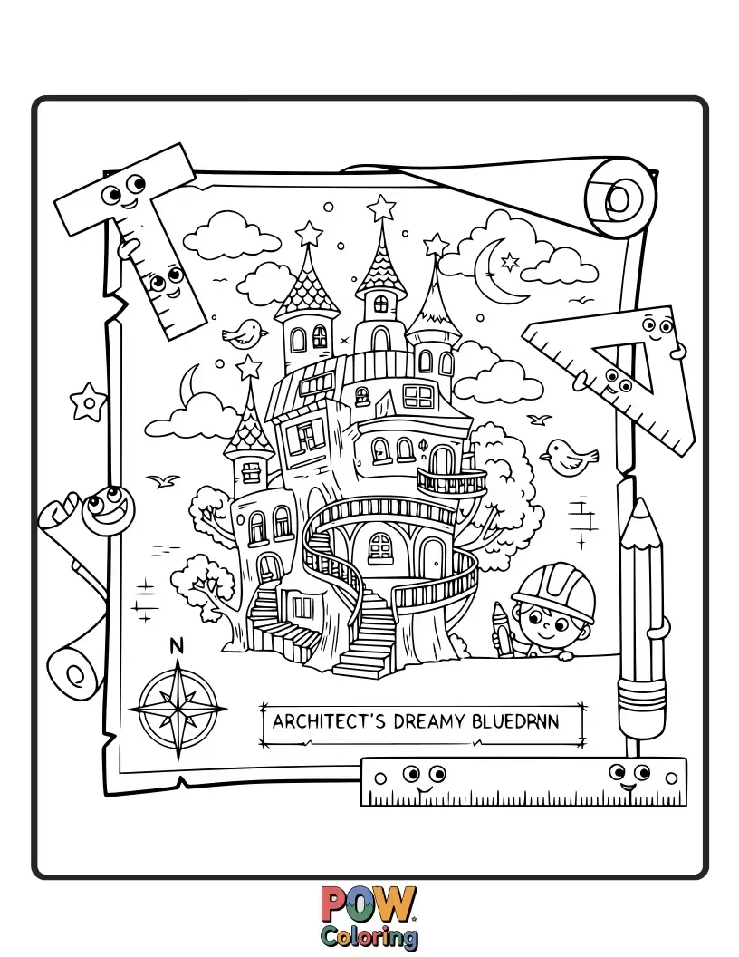 Free coloring page of A whimsical architect dreaming up fantastical, cloud-like structures with fluffy clouds and stars.