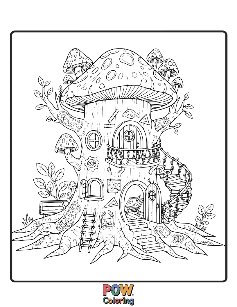 Free coloring page of Enchanting homes nestled within ancient trees, adorned with glowing mushrooms and delicate fairy wings.