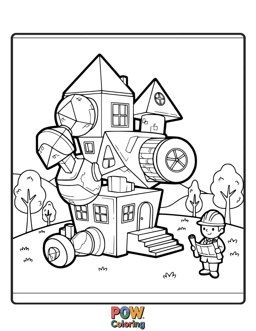 Free coloring page of A modern home featuring moving parts and dynamic forms, designed by an artist-architect.