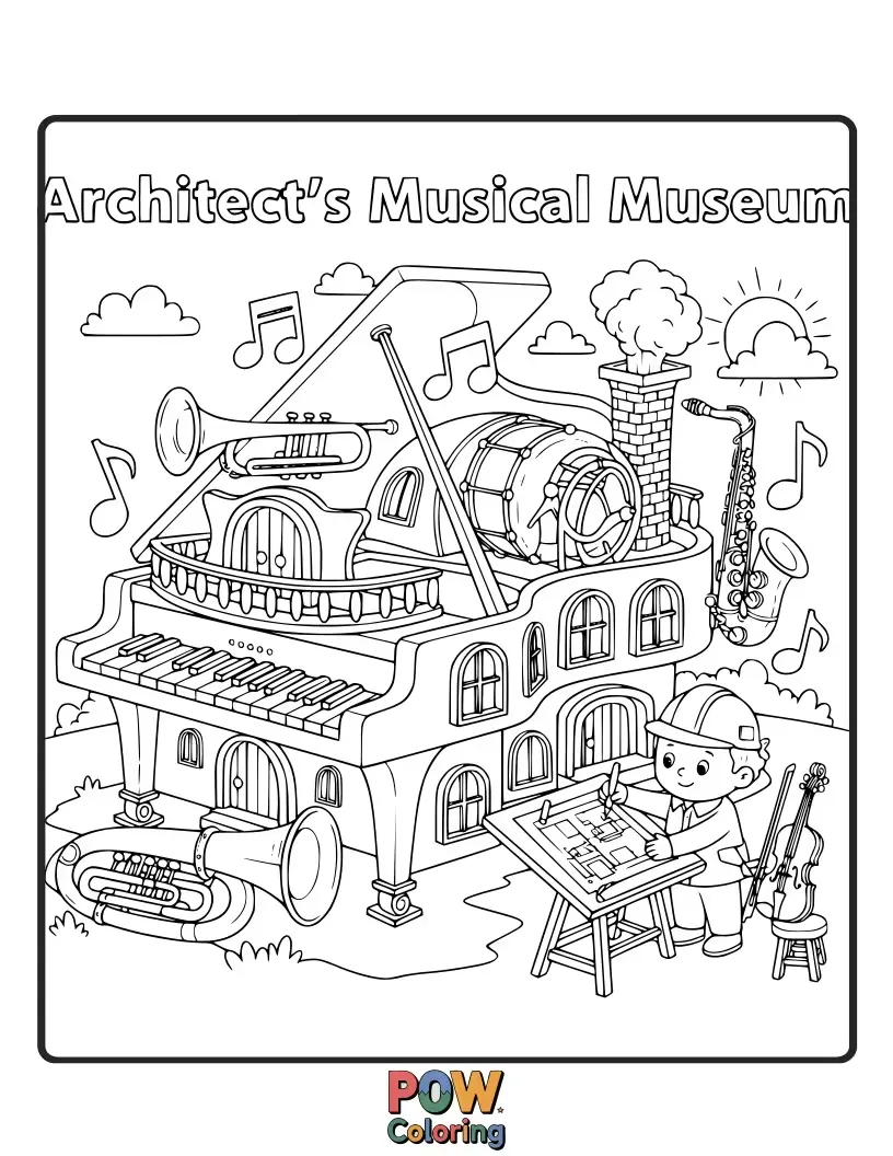Free coloring page of A unique museum shaped like musical instruments, featuring sound waves as decorative elements.