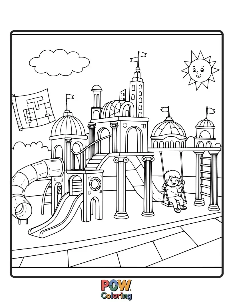 Free coloring page of A super-fun playground with slides, swings, and a climbing wall, designed by a bubbly architect.