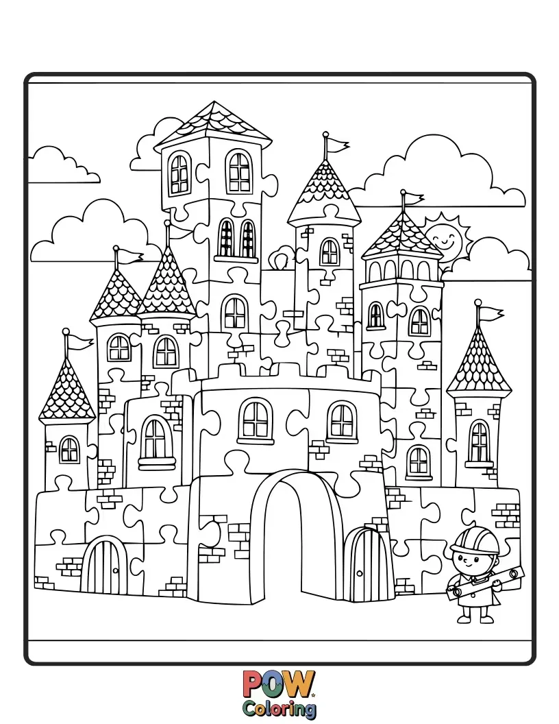 Free coloring page of A whimsical palace constructed entirely from giant, colorful puzzle pieces.