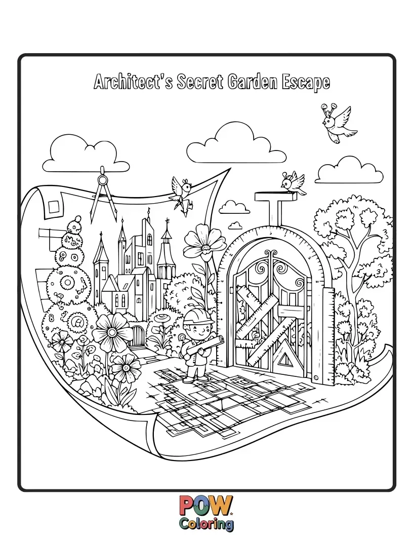 Free coloring page of A hidden garden filled with intricate topiary and winding paths, designed by an architect passionate about nature.