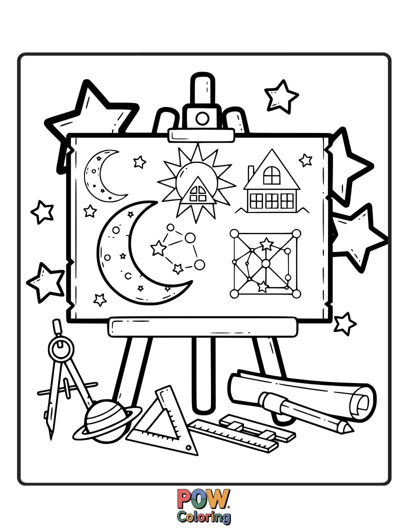 Free coloring page of An architect using a telescope to draft constellations into a magnificent cityscape on a starry night.
