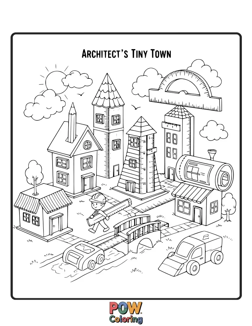 Free coloring page of A gnome architect proudly presenting a collection of charming, miniature cottages and a tiny village square.