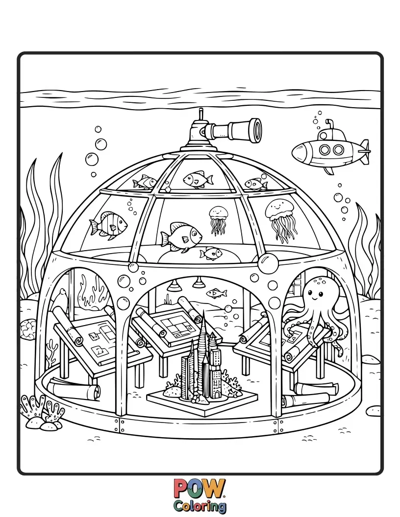 Free coloring page of A mesmerizing underwater cityscape with coral buildings and friendly fish, designed by a mermaid architect.