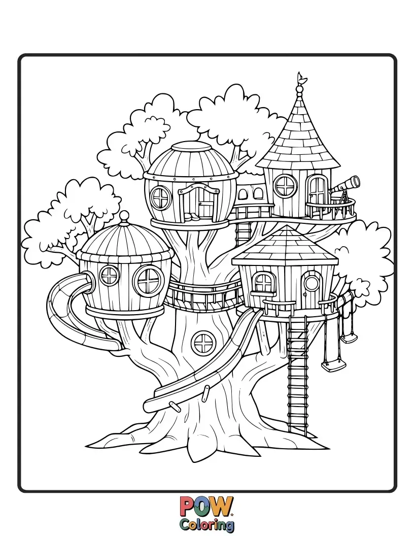 Free coloring page of A magical treehouse with intricate balconies and spiral staircases, designed by a cheerful owl architect.