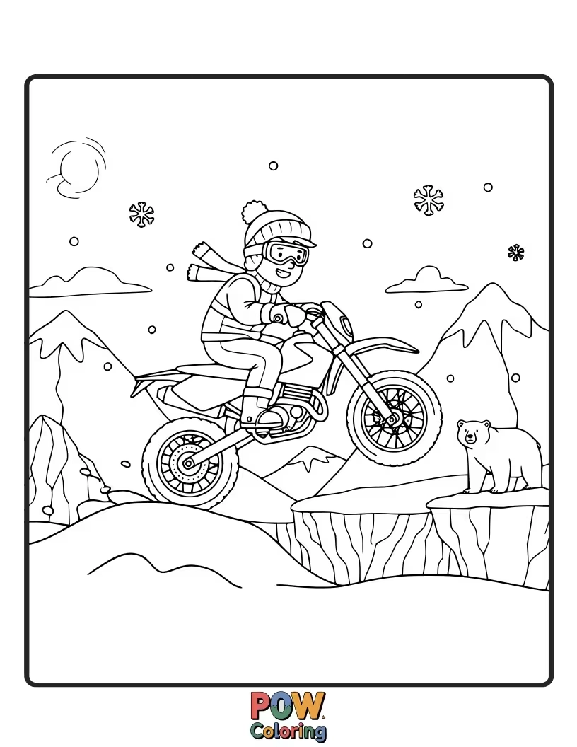 Free coloring page of A rugged dirt bike braving a snowy landscape, with ice formations and a determined rider bundled up.