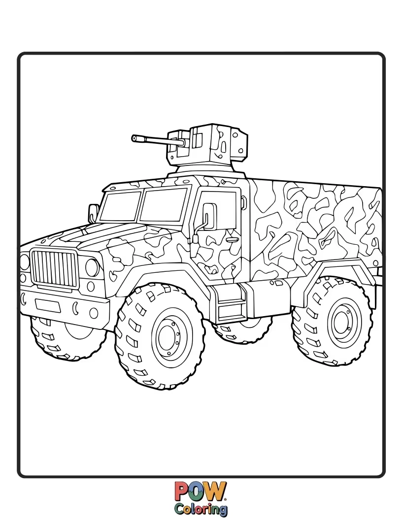 Free coloring page of A rugged army truck, perfect for adventure. Explore camouflage patterns or bold military colors.