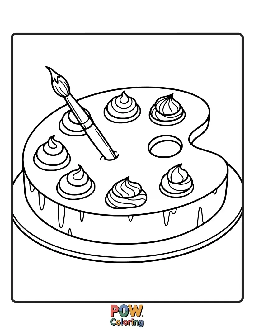 Free coloring page of Cakes artistically shaped and decorated like vibrant paint palettes, ready for colorful creations.