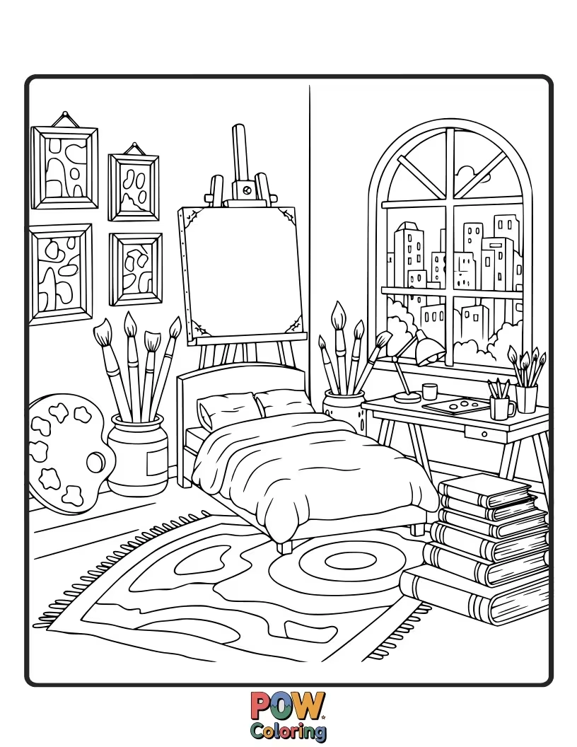 Free coloring page of Easels, paint palettes, and colorful canvases make this a creative hub for artistic expression.